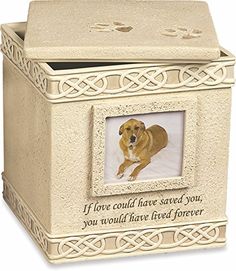 a dog memorial urn with a photo on it