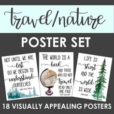 the travel poster set includes four different posters, including one with an image of a globe and