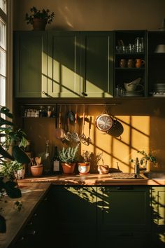 a kitchen with green cabinets and potted plants