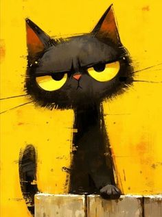 a black cat with yellow eyes sitting on top of a wooden box in front of a yellow wall