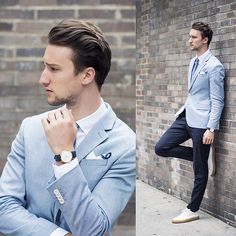 //really good light blue and dark blue combo and a great watch that pulls in the shoes  Larsson & Jennings Watch Mens Blue Blazer Outfit, Blue Blazer Outfit Men, Blue Blazer Outfit, Blue Blazer Men, Light Blue Blazer, Light Blue Jacket, Dark Blue Pants, Blazer Outfits Men, Lookbook Inspiration