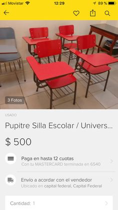 a red table and some chairs on a tile floor with the price tag below it