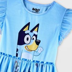 Your kiddo will love lounging on their bed in this Bluey Dress-Up Nightgown. Designed in a blue hue, this nightgown features a graphic of Bluey on the bodice with an allover print on the skirt for a fan-favorite look. Made from lightweight fabric, this nightgown offers them all-night comfort, while the cap sleeves with ruffles and sheer mesh overlay lend it an extra sweet flair. Playful Cotton Dress For Pajama Party, Fun Blue Sleepwear, Cute Character Print Dress For Sleepover, Blue Cotton Nightgown For Spring, Blue Character Print Sleepwear For Pajama Party, Blue Character Print Sleepwear, Cute Blue Sleepwear, Playful Blue Sleepwear For Spring, Playful Blue Sleepwear