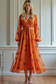 Olivia Mark - Elegant Vibrant Orange Midi Dress with Purple Floral Embroidery Orange Long Sleeve Dress With Floral Embroidery, Festive Floral Print Orange Dress, Festive Orange Floral Print Dress, Orange Embroidered Floor-length Dress, Embroidered Orange Floor-length Dress, Orange Midi Dress, Elegant Embroidery, Exclusive Dress, Orange Fashion