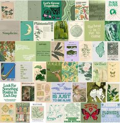 a collage of green and white cards