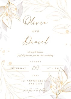 a wedding card with gold leaves on it