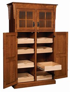 a wooden cabinet with two doors and drawers on the front, open to reveal shelves