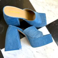 Brand New Denim With Original Packaging: Platform Chunky Heels Mules Sandal Miss Lola Shoes In Sz 7 Women Never Worn, No Damages, Perfect Condition Trendy Blue Denim Sandals, Denim High Heel Platform Sandals, Summer Denim Block Heel Heels, Summer Denim Block Heel Shoes, Chic Denim Heels With Block Heel, Summer Denim Block Heel, Chic Denim Block Heel Heels, Chic Denim Block Heel Shoes, Chic Denim Block Heel