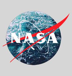 the nasa logo is shown in red and white on a gray background with blue swirls