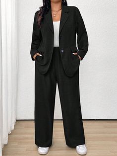 Plus Size Women Solid Color Lapel Collar Long Sleeve Blazer Jacket With Pants Casual Suit Set, Autumn Black Elegant    Plain  Non-Stretch  Women Plus Clothing, size features are:Bust: ,Length: ,Sleeve Length: Suits For Women Wedding, Pant Suits For Women Wedding, Pant Suits For Women, Plus Size Suits, Casual Suit, Women's Shapewear, Pants Casual, Long Sleeve Blazers, Camisa Polo