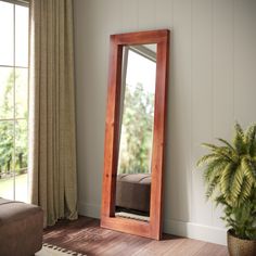 a large mirror sitting on top of a wooden floor next to a plant in a living room