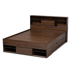 a wooden bed frame with two drawers on each side and an open drawer underneath the headboard