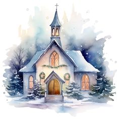 a watercolor painting of a church with christmas wreaths on the door and windows