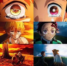 four different anime characters with their eyes open and one looking at the camera while another looks on