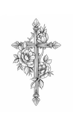 a cross with flowers on it and leaves around the cross is drawn in black ink