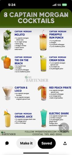 the captain morgan cocktail menu is shown in this screenshoto image, which includes drinks and