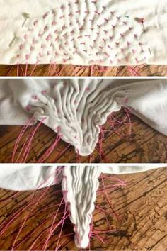 three different views of an object with pink thread on the bottom and white fabric on the top