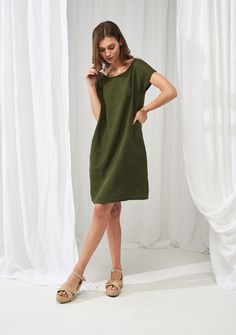 Simple linen tunic dress Teresa Summer Linen Tunic Dress, Relaxed Fit Linen Tunic Dress, Green Linen Dress With Relaxed Fit For Vacation, Green Linen Dress For Daywear, Green Relaxed Fit Linen Beach Dress, Green Relaxed Fit Linen Dress For Vacation, Linen Shift Dress For Daywear, Short Sleeve Linen Shift Dress, Green Relaxed Fit Linen Dress