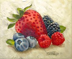 a painting of berries and blueberries on a white background