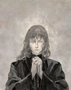 a painting of a man with long hair wearing a black jacket and holding his hands together