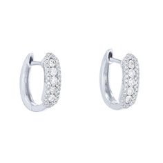 Three rows of round brilliant cut diamonds totaling 0.39 carats create a simple, yet stunning huggie-style hoop earring. They measure approximately 0.50 inches. Classic Diamond White Huggie Earrings With Halo Design, Diamond Huggie Earrings With Sparkling Stones In White Gold, Classic Huggie Earrings With Round Cut Pave Setting, Small Hoop Diamond White Diamond Earrings With Single Cut, Classic Diamond Huggie Earrings With Halo Design, Formal Pave Setting Huggie Hoop Earrings, Classic Diamond Huggie Earrings With Pave Setting, Formal Diamond Huggie Earrings With Pave Setting, Diamond Halo Huggie Hoop Earrings