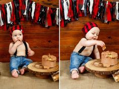 a baby sitting on the ground with a cake