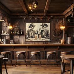 a bar with wooden tables and stools in front of a painting on the wall