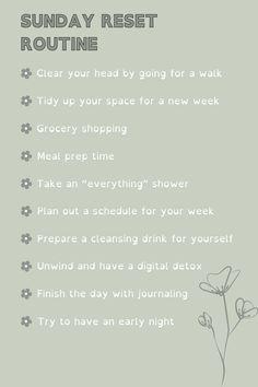 This is my little Sunday routine which prepares me for a new week! Remember it's ok if we can't get everything done. Sunday reset, Sunday reset routine, healthy lifestyle, week prep, lifestyle, new lifestyle, lifestyle routine, sunday routine, routine, mental health, self care, selfcare, self-care routine, relax, sunday relax, green, green aesthetic, downtime, relaxing routine, preparation, week reset, reset routine, 2024, new year, new year routine, journaling, wellness, well-being New Year Reset Checklist, Relaxing Routine, Reset Sunday, Christian Habits, Bible Journal Prompts, Weekly Reset, Lifestyle Routine, Routine School