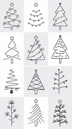 christmas trees drawn in different styles and sizes