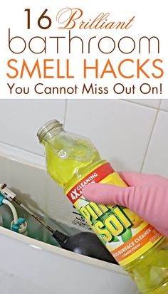 a hand holding a bottle of mouthwash next to a sink with the words, 16 brilliant bathroom smell hacks you can't miss out on