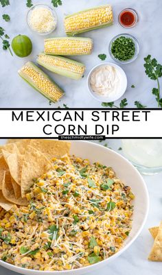 mexican street corn dip with tortilla chips and cilantro