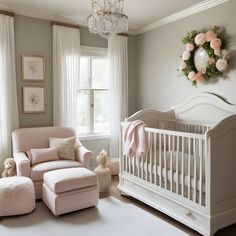 a baby's room with a white crib, pink chair and ottoman in the corner