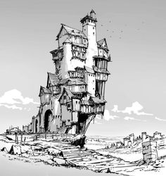 a drawing of an old castle in the middle of nowhere