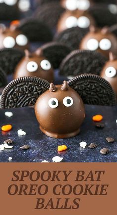 the cover of spooky bat oreo cookie balls with chocolate wings and candy eyes