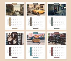 four calendars with different pictures on them, each showing the same time and location