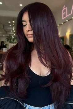 Glossy Dark Red Waves Cola Hair Color, Dark Cherry Hair, Cherry Cola Hair Color, Cola Hair, Pelo Color Vino, Dark Burgundy Hair, Cherry Cola Hair, Black Cherry Hair, Deep Red Hair