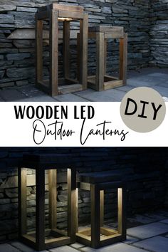 two wooden outdoor lighting fixtures with text overlay that reads, wooden led outdoor lanterns diy