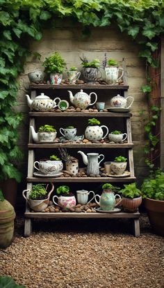 a shelf filled with pots and plants next to a wall covered in green ivys