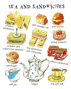 tea and sandwiches are shown in this drawing