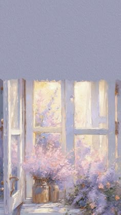 a painting of an open window with pink flowers