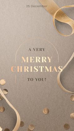 a merry christmas card with gold ribbon and confetti