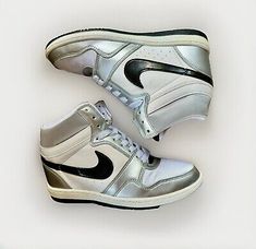 Nike Force Dunk Sky Hi Hidden Wedge Heel High White Metallic Silver Womens US 11  | eBay Nike High-top Sporty Running Shoes, Functional Nike High-top Sneakers For Sports, Nike Metallic Silver Sneakers For Sports, Nike Sky High Wedge, Nike Silver Dynamic Sneakers, Nike Force, Sky High, Wedge Heels, Nike Women