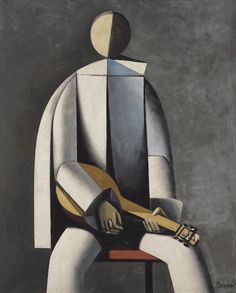 a painting of a person sitting on a chair with a guitar in his lap and one arm around the other