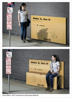 two pictures of a woman sitting on a bench next to a street sign with the words make it use it