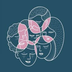 three women's heads with pink and blue hair, one has her eyes closed