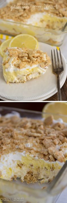 two pictures of a lemon dessert on a plate and in a glass dish with a fork