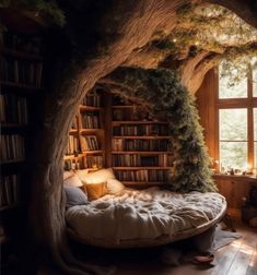 a bed in a room with bookshelves and trees growing out of the walls