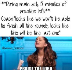 a woman with long brown hair holding a piece of paper in her hand and the caption reads, during main set, 5 minutes of practice left coach looks like we won't