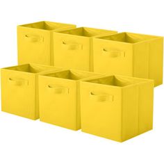 six yellow storage bins with handles