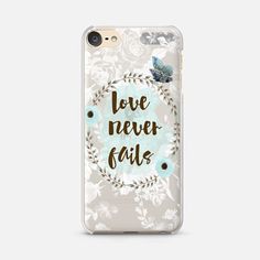 an iphone case with the words love never falls on it